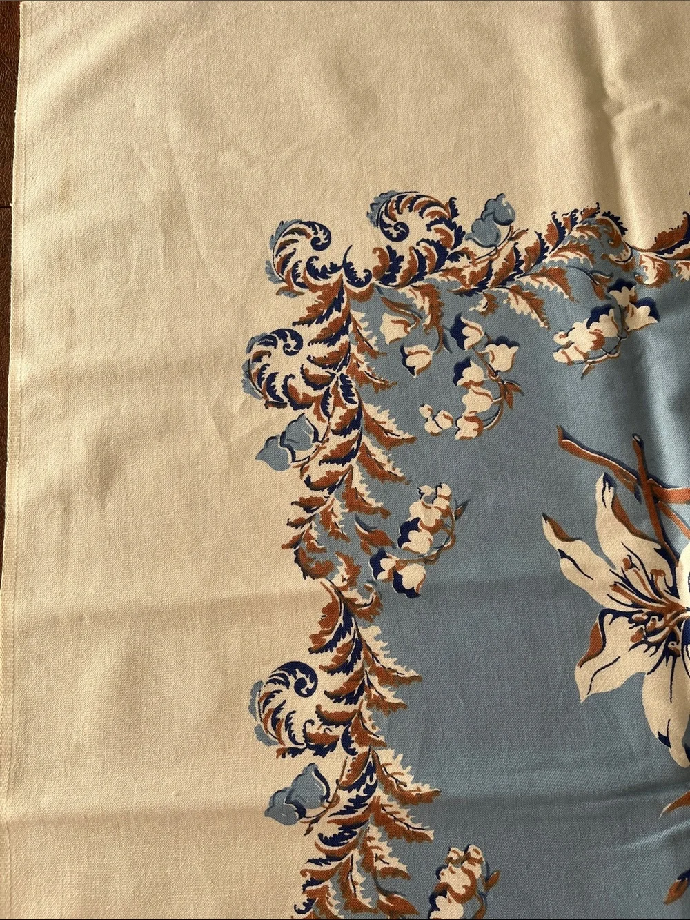 Vintage Blue and Cream Floral Border Tablecloth, approx 59”x79”